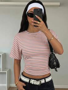 SHEIN 少女针织白色收腰褶皱圆领短袖露脐休闲T恤 - 粉色 - 查看 8