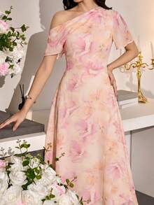 Modelyn 女款不對稱收腰休閒優雅洋裝，夏季婚禮粉色碎花 - 彩色 - 查看 3