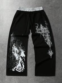ROMWE MEN Street Life 男士撞色腰带哥特风印花运动裤 - 黑色 - 查看 1