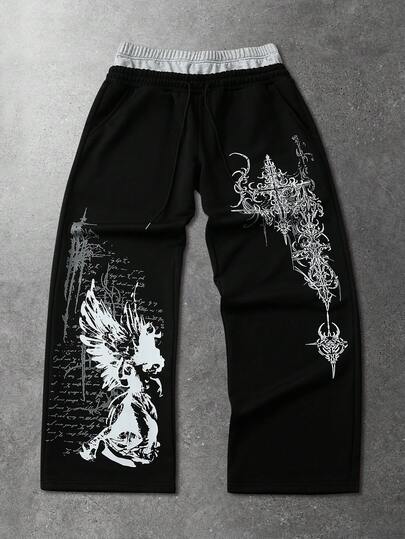 ROMWE MEN Street Life Men's Contrast Waistband Gothic Style Printed Sweatpants