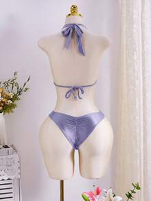 Swim Chiccia 女款 2 件組浪漫熱帶復古性感優雅海灘派對度假/約會套裝，粗肩帶，抓皺設計，藍色調，夏季泳裝 - 紫色 - 查看 6