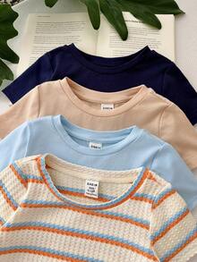 LMoss Kids Bộ 4 áo thun dệt kim cổ tròn ôm dáng, màu trơn kẻ sọc cho bé trai, kiểu dáng thường ngày. - Nhiều màu - Xem 7
