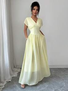 SHEIN Clasi Women's Casual Elegant Chiffon Shirred Short Sleeve Dress With Layered Ruffle Hem, Elastic Waist, Suitable For Commute, Vacation, Afternoon Tea, Party - Light Yellow - View 6