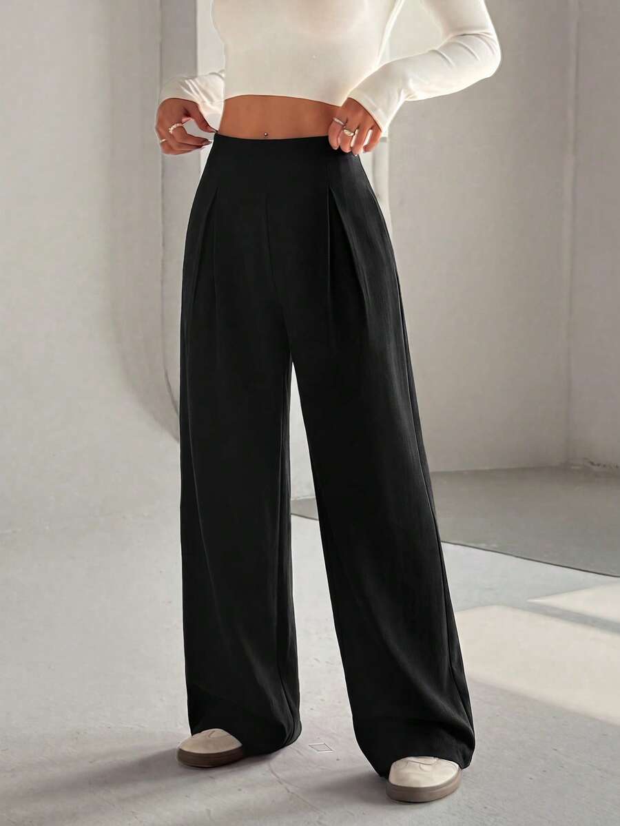 Pantalones anchos de lino beige de comodidad casual para mujer de talla pequeña - Negro - Ver 1