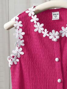 SHEIN Young Girl Knitted Solid Color Patchwork Contrast Color Floral Ribbon Casual Vest - Hot Pink - View 4