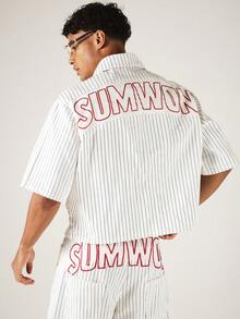 SUMWON Boxy Fit Pinstripe Short Sleeve Button-Up Shirt With Bold Back Graphic Logo Print - Black and White - View 1
