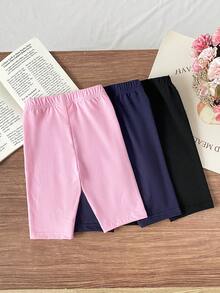 SHEIN Elladie kids 3件套女童柔软舒适打底裤，粉色、藏蓝色、黑色，适合居家和户外穿着，夏季 - 彩色 - 查看 3