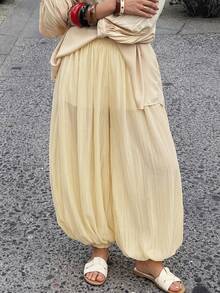 Firerie Women's Elegant Loose Palazzo Pants, Suitable For Beach Vacation, Dates Chiffon Women Casual Pleated Flowy Greece Outfits - Light Yellow - View 2