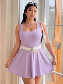 Solflare Purple Lilac Plus Size Sleeveless Dress With Pockets & Shorts, Solid Color Jumpsuit - Lilac Purple - View 5