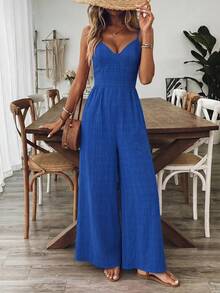 SHEIN Holidaya Bộ jumpsuit không tay cổ chữ V màu xanh dương dành cho nữ, thích hợp cho kỳ nghỉ xuân/hè. - Màu xanh lam - Xem 3