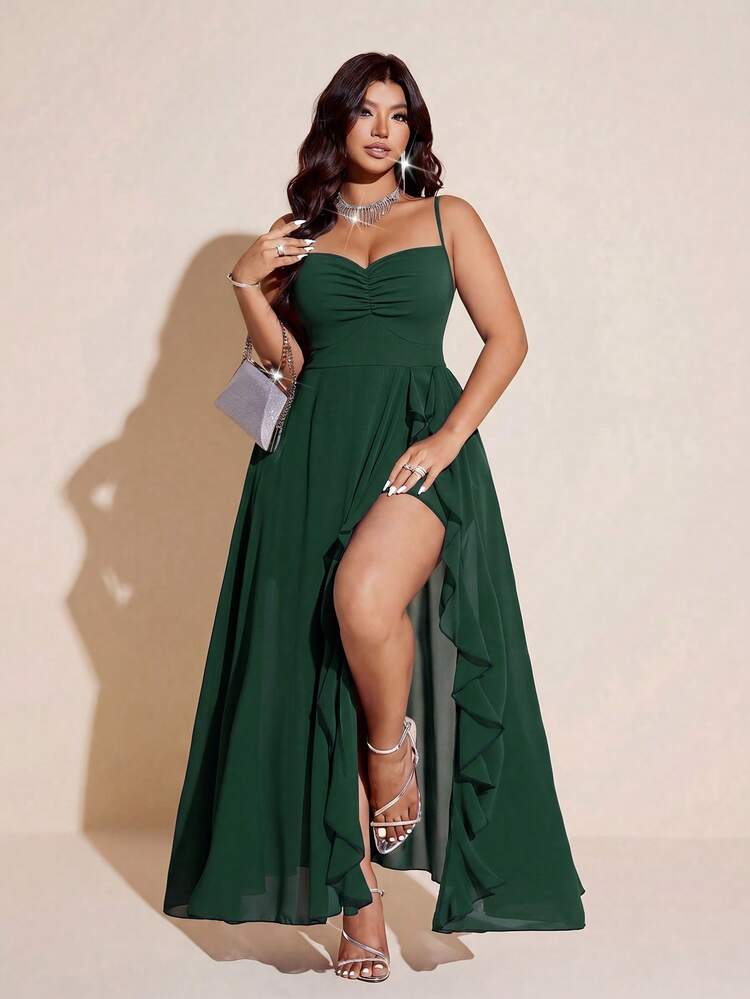 Viva Relle Đầm chiffon thanh lịch, lãng mạn dành cho nữ cỡ lớn, phù hợp cho các bữa tiệc, đám cưới, phù dâu, với dây đeo mảnh, cổ áo hình trái tim, thắt eo, chân váy xếp ly bồng bềnh, xẻ tà cao, màu tím, lý tưởng cho các buổi dạ tiệc, thảm đỏ, ngày Valentine, khách dự đám cưới, các dịp trang trọng, thời trang và gợi cảm. - Màu xanh lá cây đậm - Xem 3