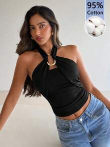 Aloruh Women's Elegant Metal Buckle Decor Cinched Waist Ruched Tie Neck Camisole - Black - View 2