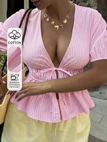 Dazy Plus 鄉村風度假復活節派對夏季假期粉色條紋泡泡袖繫腰女式襯衫，春/夏 - 玫紅色 - 查看 11
