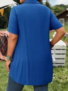 EMERY ROSE Short Sleeve Blue Button-Up Shirt, Casual Vacation Shirt With Longer Back, Plus Size, Suitable For Spring & Summer  Summer Spring Clothing Country Sty - Royal Blue - View 2