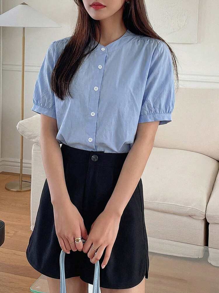 Women's Casual Solid Color Short Sleeve Shirt, Summer Business Casual Woman
