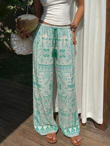 Sunnyshic Quần ống rộng cạp thấp, chất liệu họa tiết Paisley phong cách Bohemian, phối tua rua, thích hợp cho nữ mặc đi nghỉ mát và hàng ngày, phù hợp cho mùa xuân/hè. - màu xanh lá - Xem 7