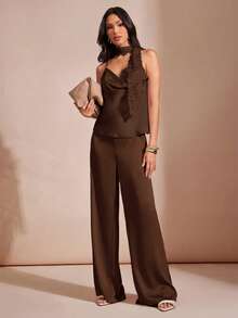 Hauture Áo hai dây satin cổ đổ phối khăn choàng cho nữ, thích hợp cho dịp lễ hội, năm mới và hẹn hò. - Cà phê nâu - Xem 3