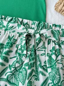 SHEIN Bộ đồ thường ngày 2 món cho bé gái tuổi teen, gồm áo tank top và quần short in họa tiết màu xanh lá cây. - màu xanh lá - Xem 3