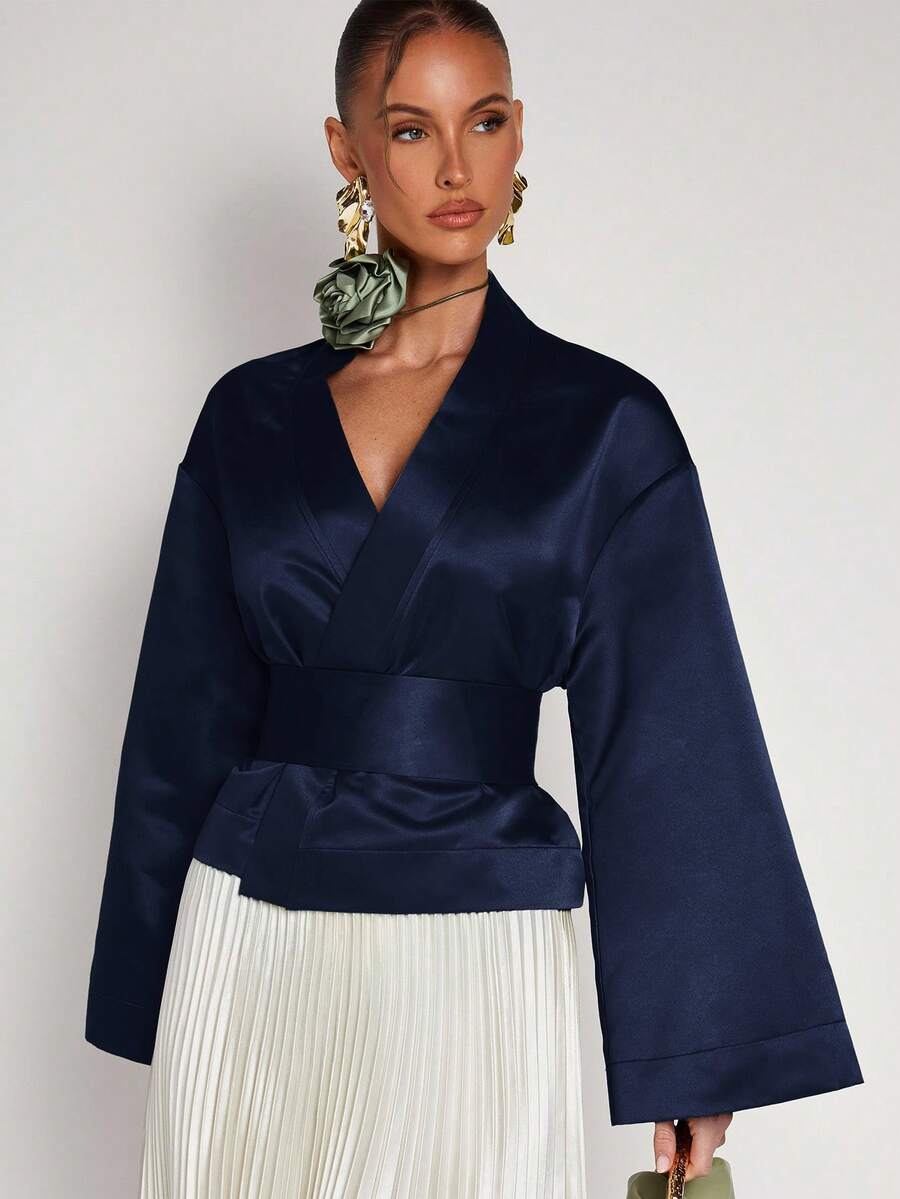 COSMINA Women's Solid Color Pleated Casual Versatile Daily Wear Long Sleeve Shirt - Royal Blue - View 1