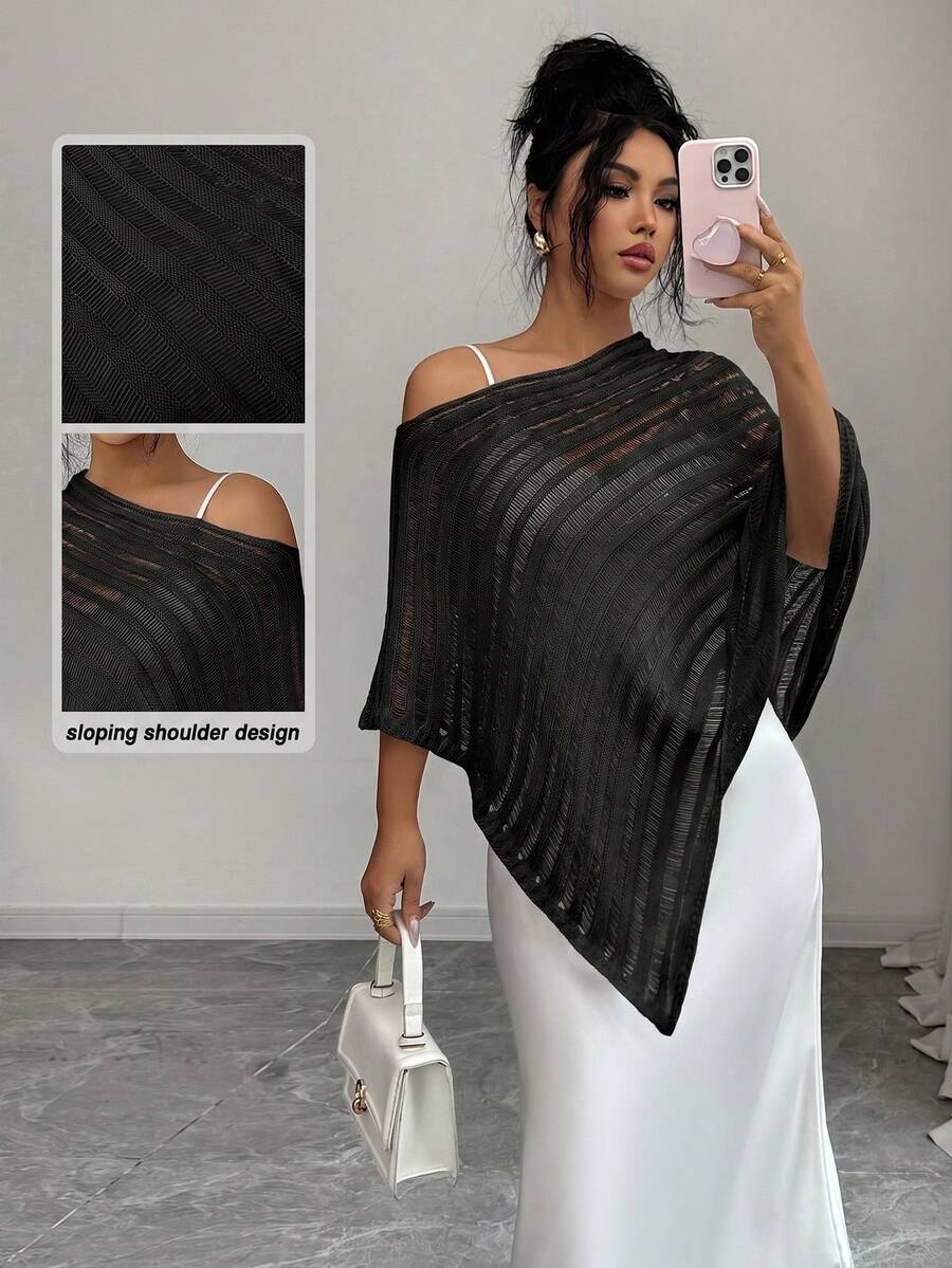 Elenzga Shawl Collar Asymmetric Shoulder Loose Striped Hollow Textured Fashionable Sexy Women Sweater - Black - View 1