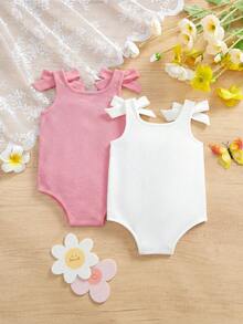2pcs/Set Cute Summer Solid Color Knitted Romper With Bow For Baby Girl - Coral Pink - View 2