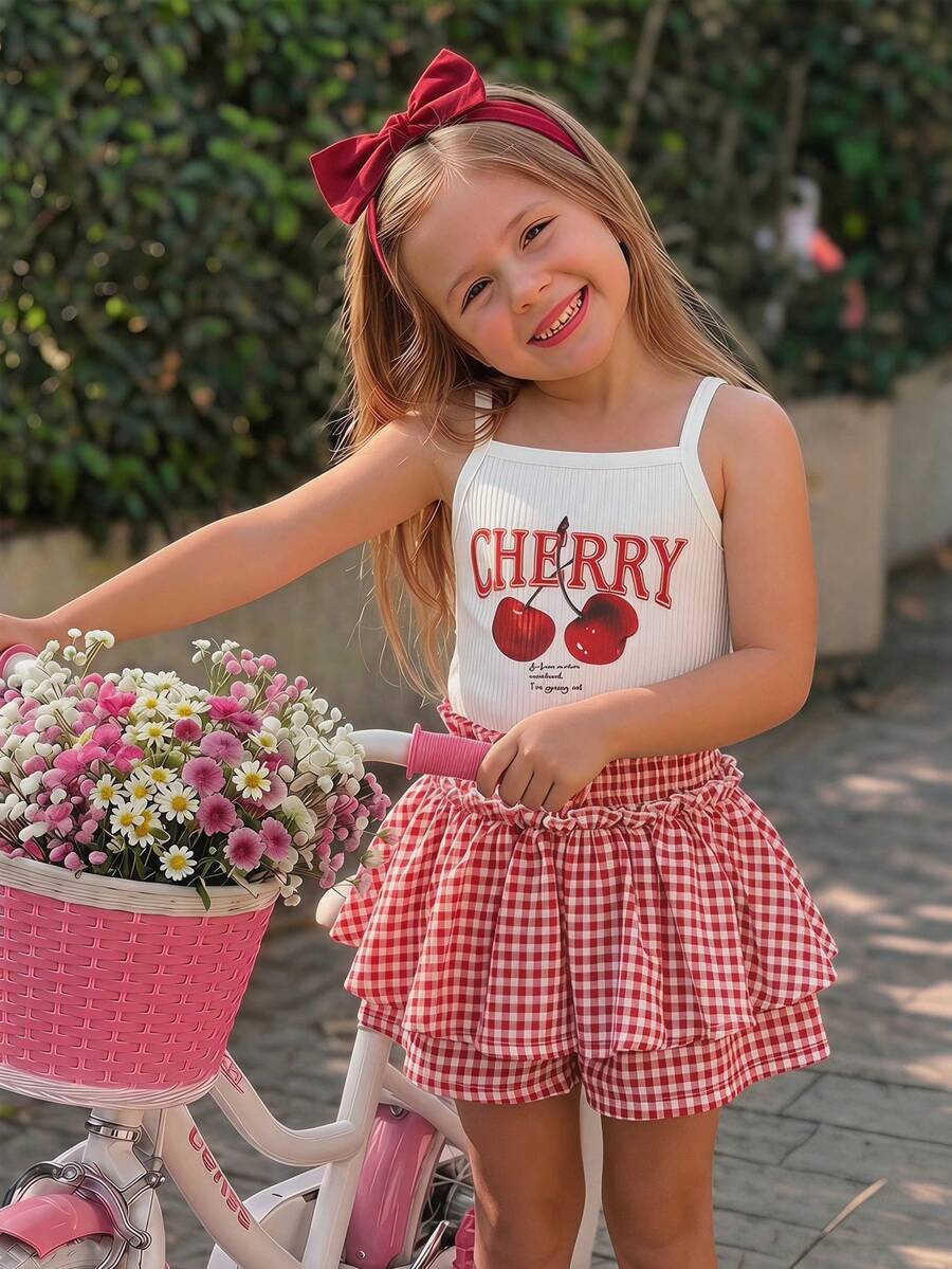Emery Rose Kids Emery Rose Kids 女童樱桃印花吊带背心和格子短裤套装 - 彩色 - 查看 1