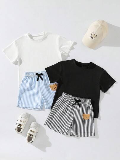 SHEIN Genkimix Kids 6件套儿童休闲简约圆领T恤短裤套装，夏季运动服，3种颜色（灰色、黑色、白色）