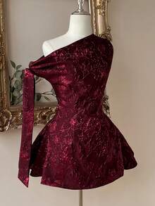 Elegantes romantisches Mode Burgunderrotes Jacquard-Gewebe asymmetrisches Reißverschluss A-Linien Kleid, geeignet für Abschlussfeier, Schulöffnung, Musikfestival, Geburtstagsfest, Hochzeit, Nachmittagstee, Tanzparty, Brautkleid, Geschenk - Bordeaux - Übersicht 3