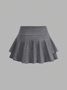 SHEIN Girlism Conjunto deportivo de vestido y pantalones cortos de punto de unicolor para niñas preadolescentes - Gris - Ver 6