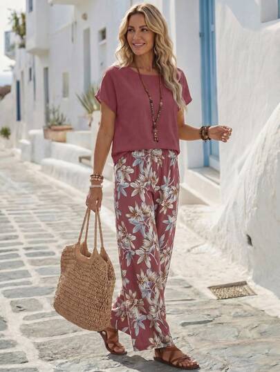 Faunlyn Conjunto de dos piezas para mujer con top de cuello redondo y manga corta de unicolor y pantalones de pierna ancha con estampado de flores para el verano
