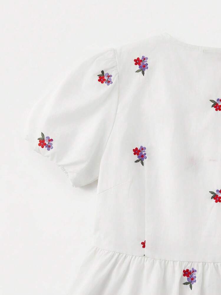 White Floral Loose Fit Floral Embroidered Blouse With Peplum Shape, Bow Tie Details Cute Summer Top Casual Holiday Top French Style Top