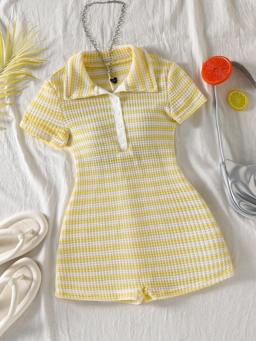 SHEIN 少女条纹纽扣半开襟短袖休闲连体衣 - 黃色 - 查看 1