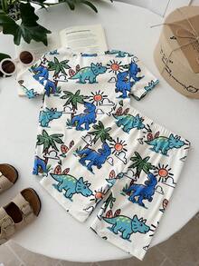 LMoss Kids Bộ đồ ngủ 2 món họa tiết khủng long cho bé trai, gồm áo thun bó sát và quần short. - Nhiều màu - Xem 2