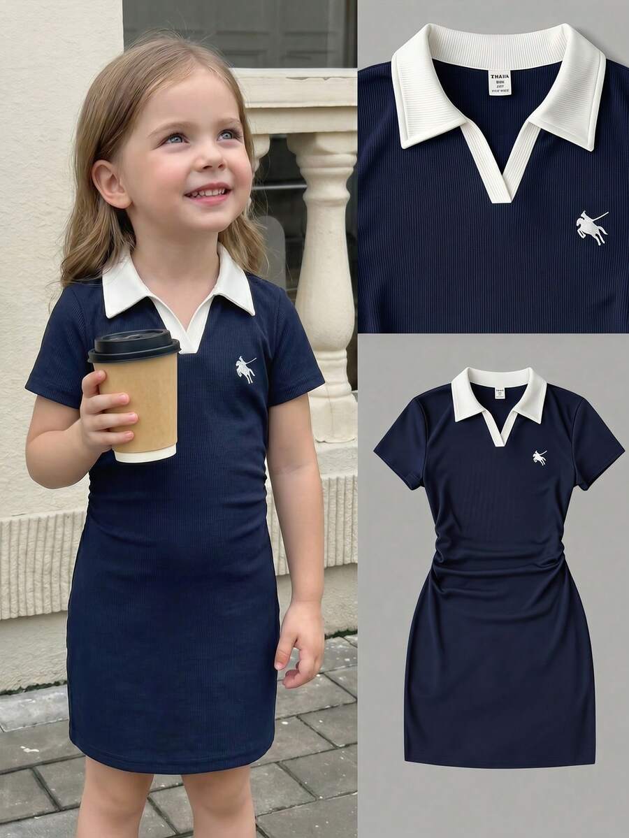 SHEIN Đầm polo dáng ôm màu xanh hải quân và trắng, cổ áo tương phản, chất liệu dệt kim gân, eo nhún, thêu logo, thích hợp cho bé gái. - Màu xanh hải quân - Xem 1