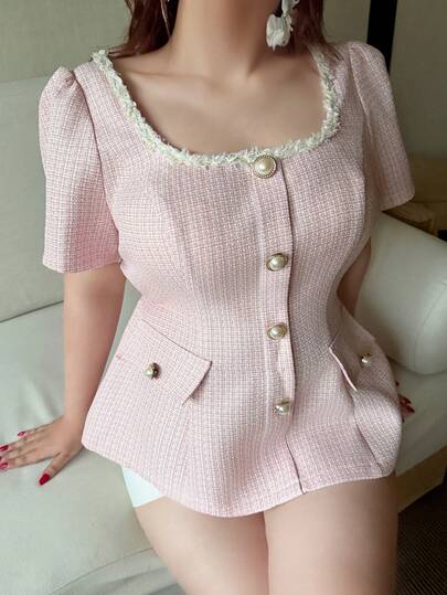 Vibekara Plus Size Square Collar Short Sleeve Textured Knit Faux Pearl Button Zipper Elegant Vacation Cute Date Party Blouse For Women