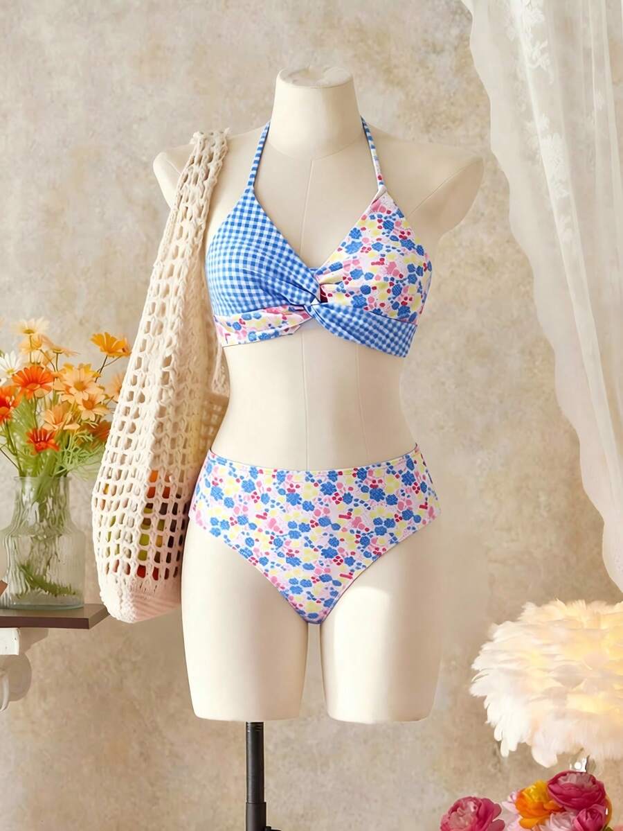 SHEIN Set de 2 piezas Bikini de tela de punto cómoda y de secado rápido con estampado a cuadros y floral para adolescentes, adecuado para playa, piscina, surf, vacaciones y viajes de verano - Multicolor - Ver 1