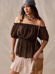 Nubod Plus Size Summer New Chiffon Ruffle Off Shoulder Petal Sleeve Cinched Waist Flared Hem Women's Fashion Romantic Boho Vacation Elegant Blouse Brown - Brown - View 5