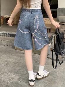 DAZY Women's Regular Waist Loose 5-Inch Printed Denim Shorts, Casual Washed Denim Shorts - Medium Wash - View 7