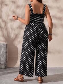 SHEIN LUNE CURVE Bộ áo liền quần xếp ly chấm bi cỡ lớn dành cho nữ, thích hợp mặc hàng ngày. - màu đen - Xem 2