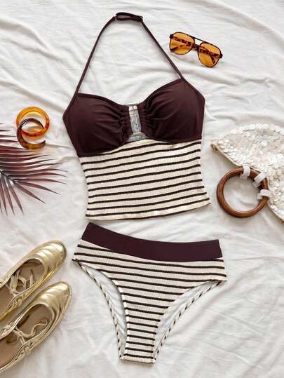 SHEIN Teen Girls' Colorblock White Striped & Brown Tankini Set, Spaghetti Strap Casual Beach Holiday Swimsuit, Summer Fashion New Arrival