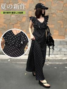 K-Vae Ruffled Short Sleeve Backless Vintage Polka Dot Dress - Black - View 9