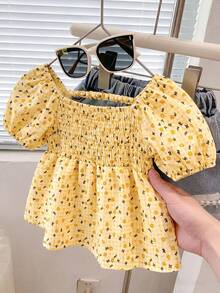 Áo kiểu tay phồng họa tiết hoa nhí dễ thương, kiểu áo chui đầu đa năng thời trang dành cho bé gái. - Màu vàng - Xem 5