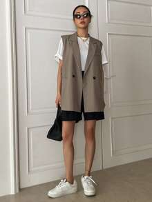 DAZY Women's Solid Color Lapel Double-Breasted Casual Sleeveless Business Blazer,Fall Clothes - Khaki - View 8