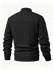 Manfinity Homme Men's Zip-Up Collar Casual Baseball Jacket With Embroidery Design, Long Sleeve - Black - View 2