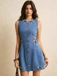 Poéselle Đầm denim nữ không tay, cài cúc đơn, thêu hoa - Màu xanh lam - Xem 8