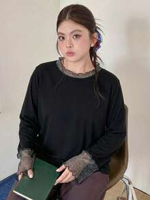 Dazy Plus Kaos Kasual Longgar Serbaguna dengan Motif Polka Dot Transparan dan Patchwork Warna Polos - Hitam - View 2