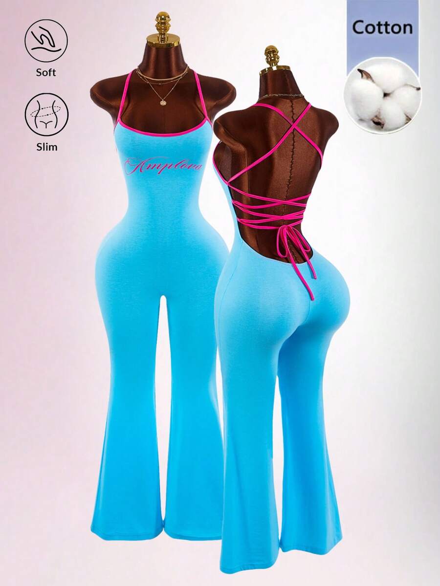 Amplova Bộ jumpsuit ôm sát, không tay, dây chéo, phối màu tương phản, cổ yếm, hở lưng, gợi cảm, thêu họa tiết.