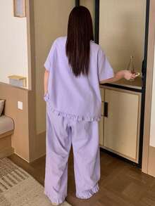 Dazy Plus 2pcs/Set Piyama Kasual Lucu dengan Hiasan Ruffle, Warna Polos, Atasan Lengan Pendek Longgar dan Celana Panjang, Ungu, Ukuran Besar untuk Wanita, Musim Semi/Panas - Purple - View 2