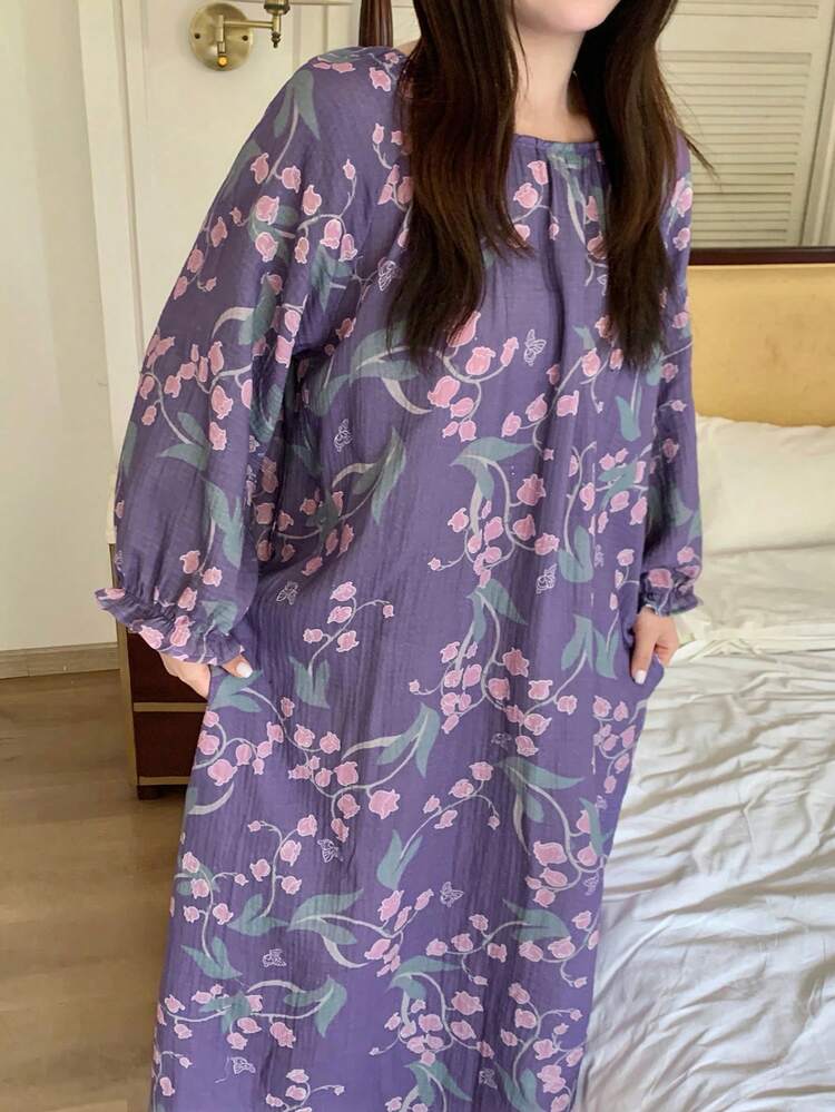 Dazy Plus Floral All-Over Print Loose Fit Scoop Neck Short Sleeve Plus Size Women Spring/Summer Sleepwear Nightgown