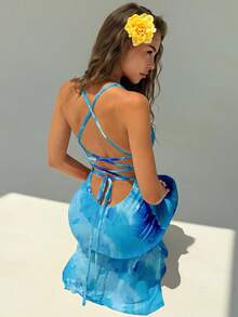 Aloruh 女士优雅印花露背吊带连衣裙 - 藍色 - 查看 4